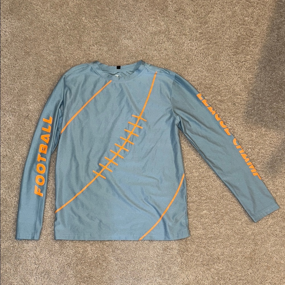 Light Blue Football Graphic Long Sleeve Shirt with Orange Accents for Kids
